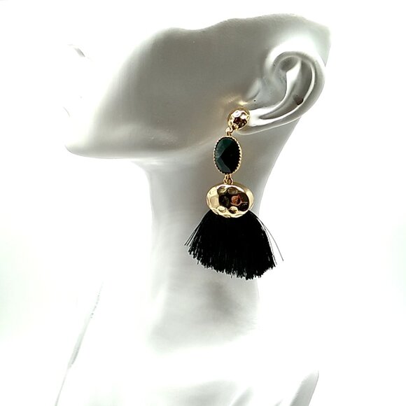 Black Hammered Gold Plated Tassel Post Earrings - Picture 5 of 6